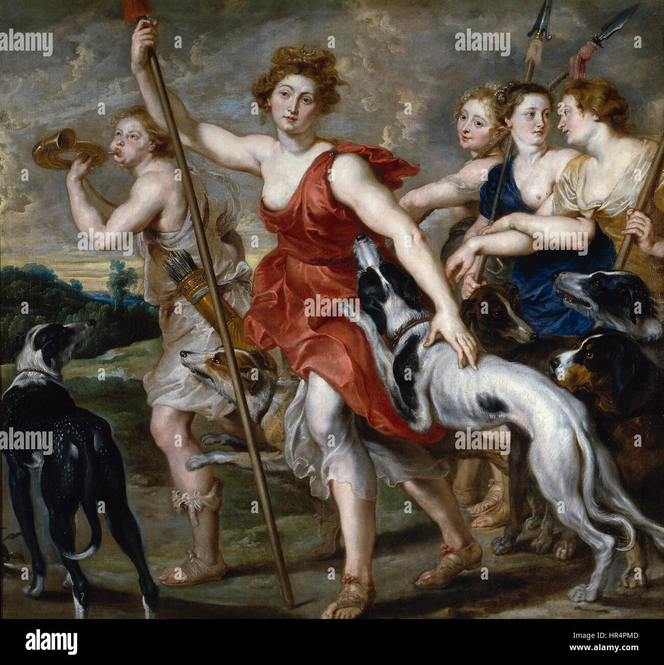 Diana cazadora (la chasseuse Diana) de Peter Paul Rubens représente la déesse romaine Diana, la déesse de la chasse, dans une pose élégante et dynamique. Peint entre 1617 et 1620, il met en valeur la maîtrise du mouvement et de la forme féminine par Rubens. Banque D'Images
