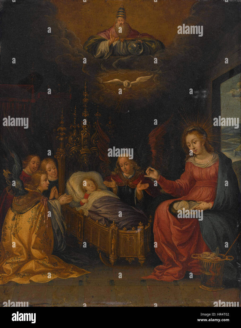 Cette peinture de Pieter Lisaert représente la Vierge et l'enfant, accompagnés par Dieu le Père et le Saint-esprit, avec des anges adorateurs. L’œuvre met en valeur l’iconographie chrétienne classique de la Sainte famille, avec des expressions détaillées de l’amour divin et de la vénération. La composition se concentre sur la connexion spirituelle entre les figures, dans un environnement céleste serein. Banque D'Images
