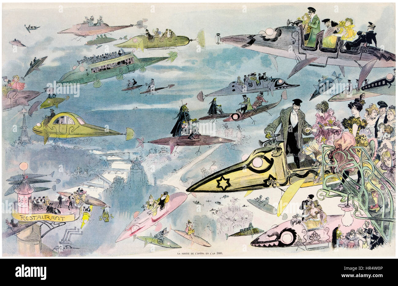 "La sortie de l'opéra en l'an 2000." Illustration par Albert Robida (1848-1926) artiste français et auteur publié en 1902 représentant le ciel au-dessus de Paris rempli d'avions exotiques. Banque D'Images