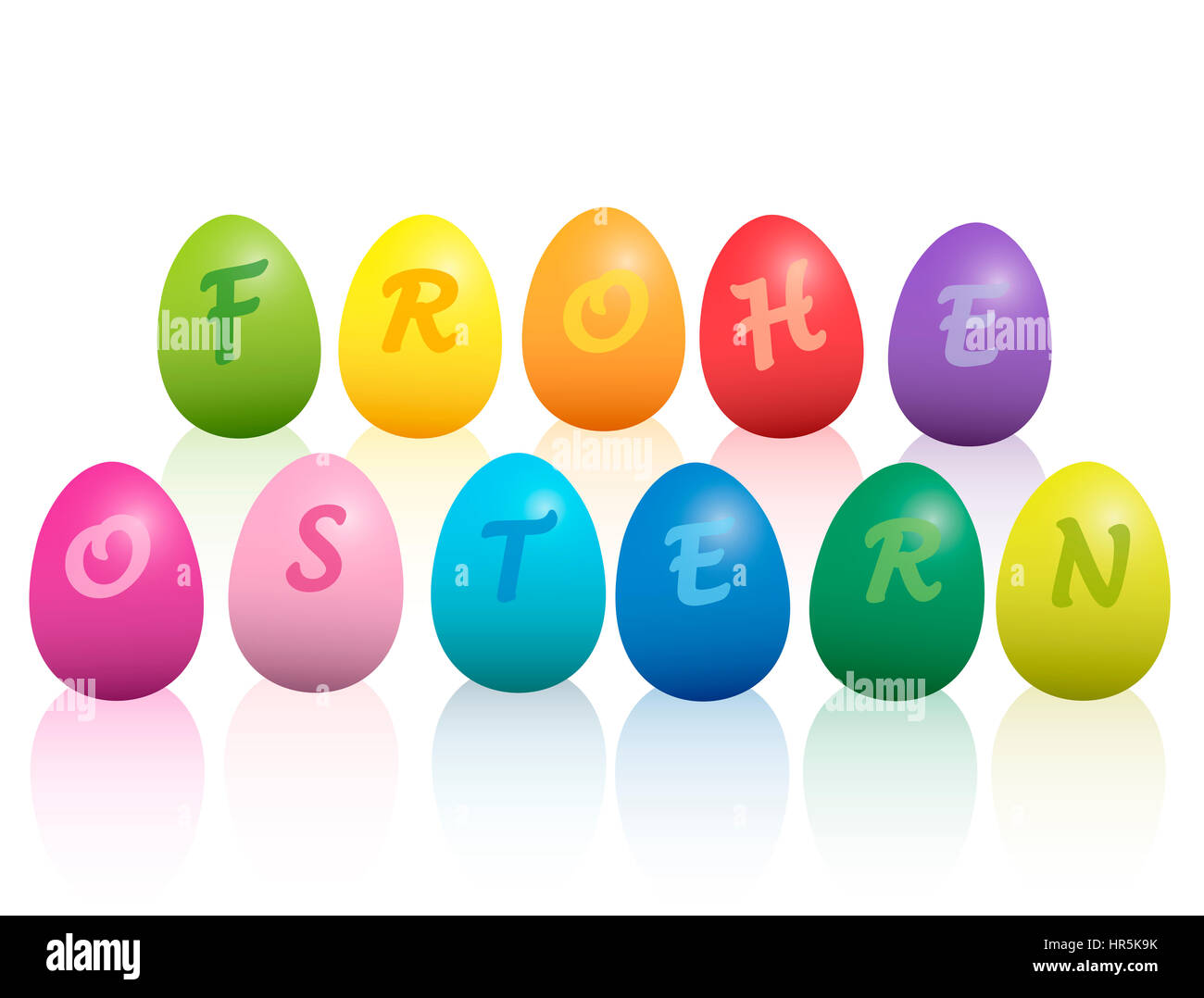 FROHE OSTERN - Joyeuses Pâques en langue allemande - écrit avec les oeufs de Pâques colorés. Illustration sur fond blanc. Banque D'Images