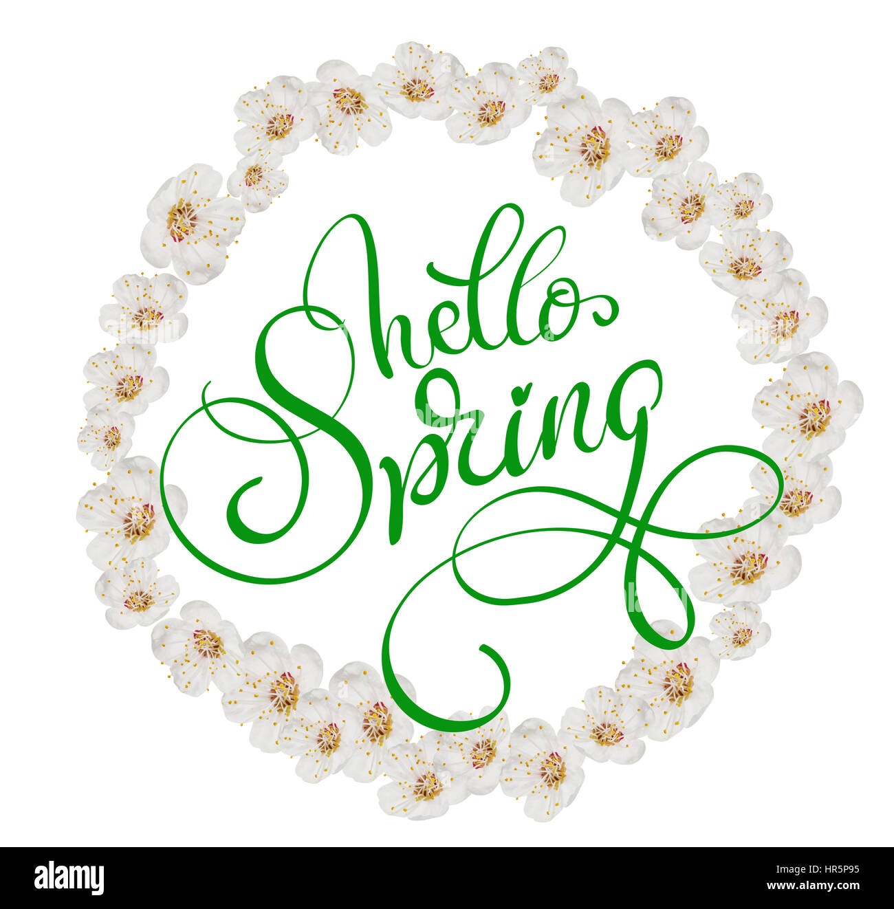 Cadre rond de fleurs blanc isolé sur fond blanc et texte Bonjour Printemps. Lettrage calligraphie. Banque D'Images