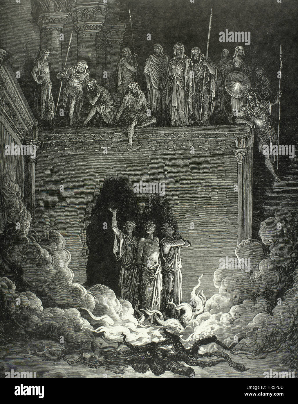 Hanania, Mishaël et Azaria, renommé comme Schadrac, Méschac et Abed-nego, les trois hommes juifs jetés dans une fournaise ardente par Nabuchodonosor II (634-565 avant J.-C.), roi de Babylone (605-562 AEC) de la C.-B., lorsqu'ils ont refusé de s'incliner devant le roi, l'image de l'idole en or, d'après le chapitre 3 du livre de Daniel. Comme le roi, pense qu'ils sont protégés par le 'fils de Dieu' et préservés du mal. Dessin de Gustave Dore. Gravure de H. Pise. Banque D'Images