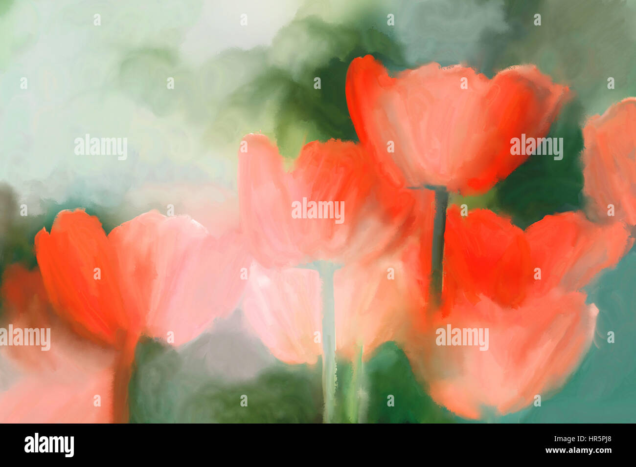 Aquarelle huile peinture tulipe rouge dans le jardin de printemps Banque D'Images
