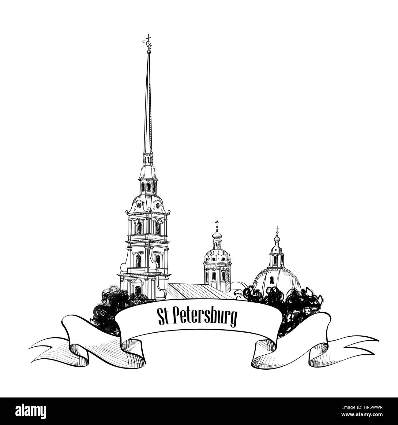 St. petersburg city monument, Russie. cityscape signer plus isolés avec lettrage en arrière-plan. Illustration de Vecteur