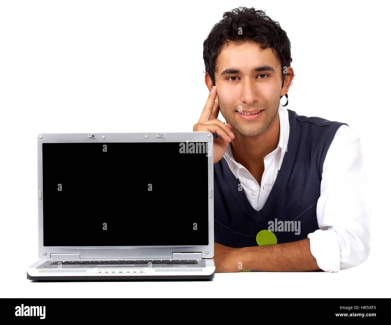 Homme avec un ordinateur portable - isolé sur fond blanc Banque D'Images