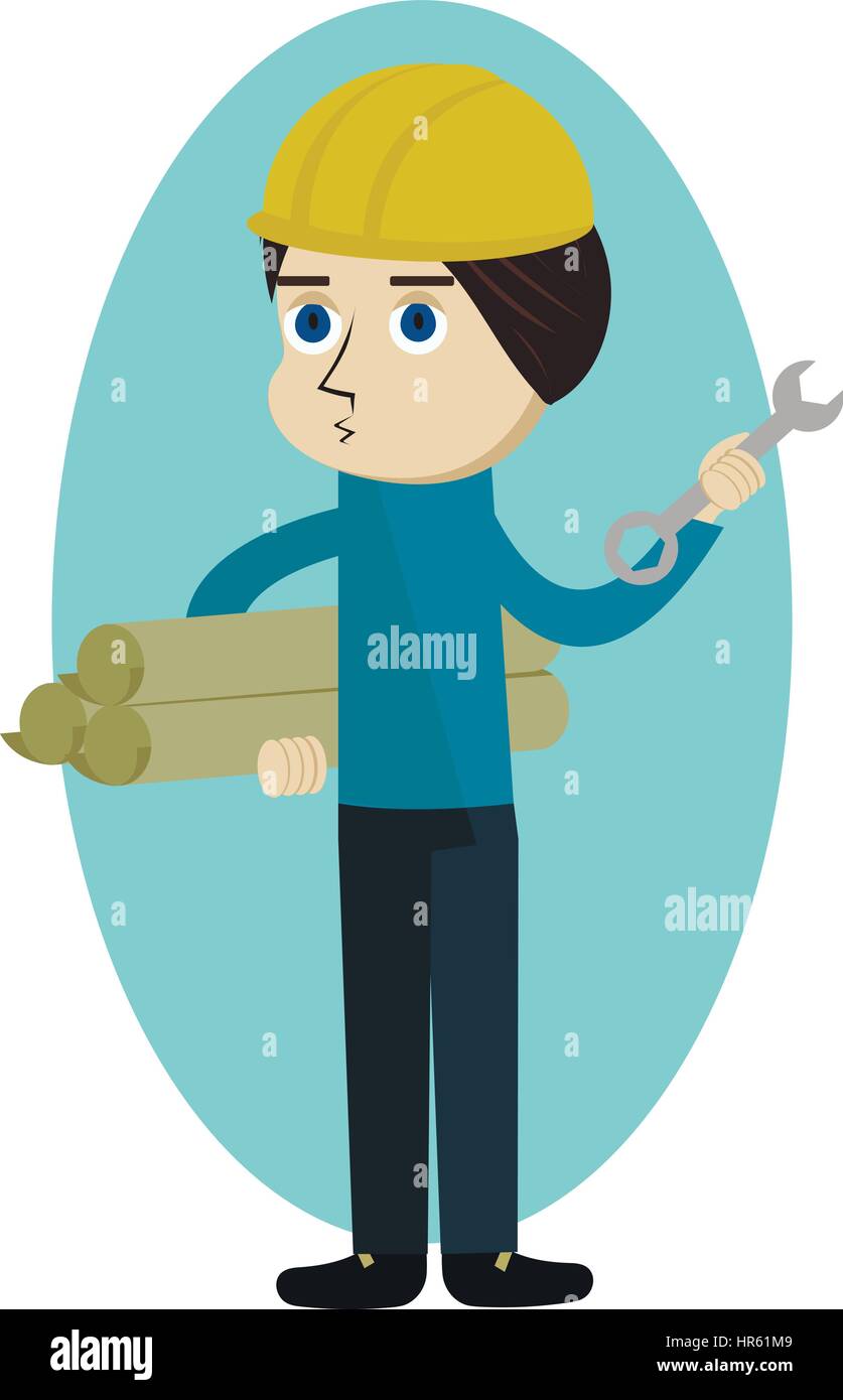 Travailleur de la construction, ingénieur ou architecte holding projets et personnage clé, vector illustration Illustration de Vecteur