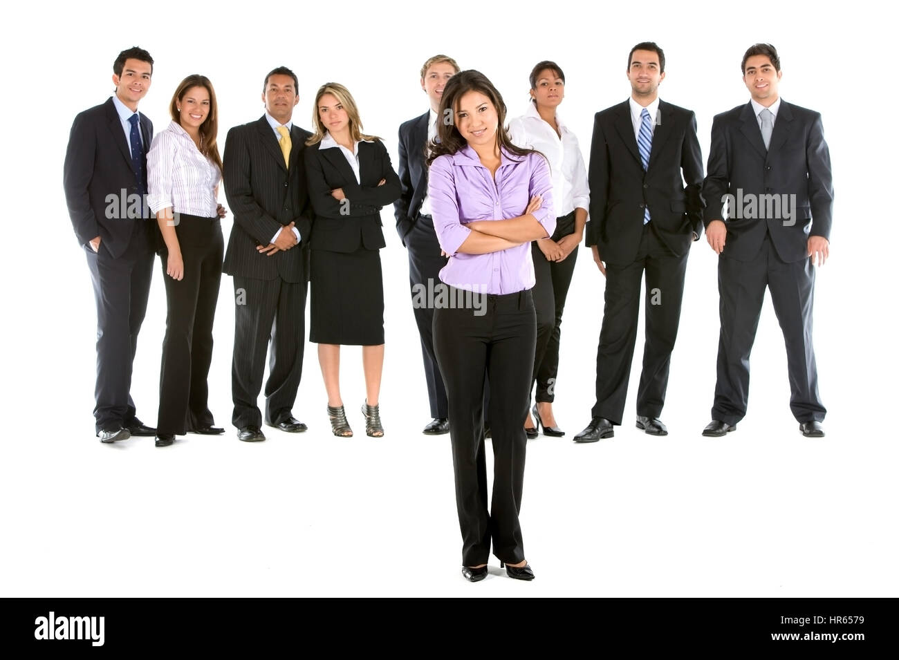 Femme d'affaires et son équipe isolé sur fond blanc Banque D'Images