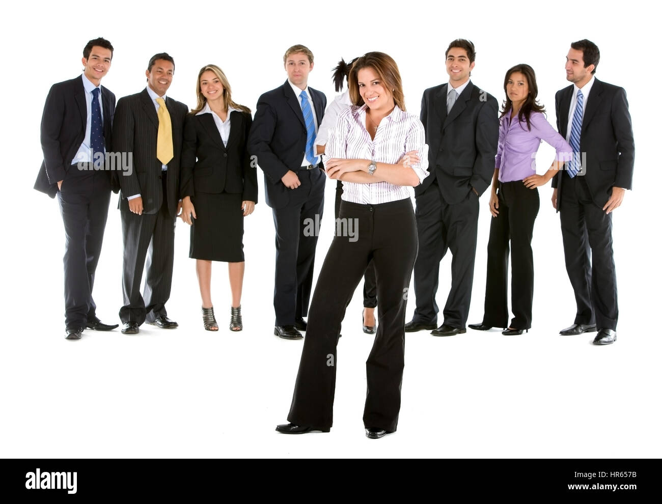 Femme d'affaires menant son équipe isolé sur fond blanc Banque D'Images
