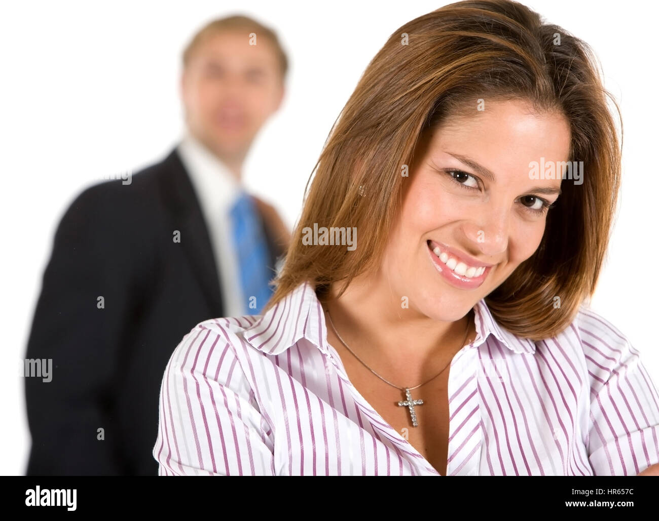 Businesswoman avec son partenaire derrière elle isolated on white Banque D'Images