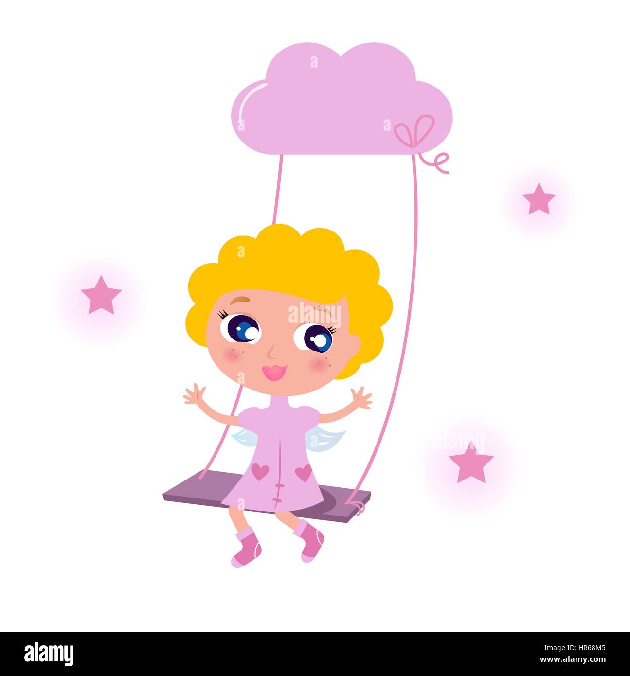10216855 - blonde cute angel balançant sur sky avec étoiles. vector cartoon illustration. Banque D'Images