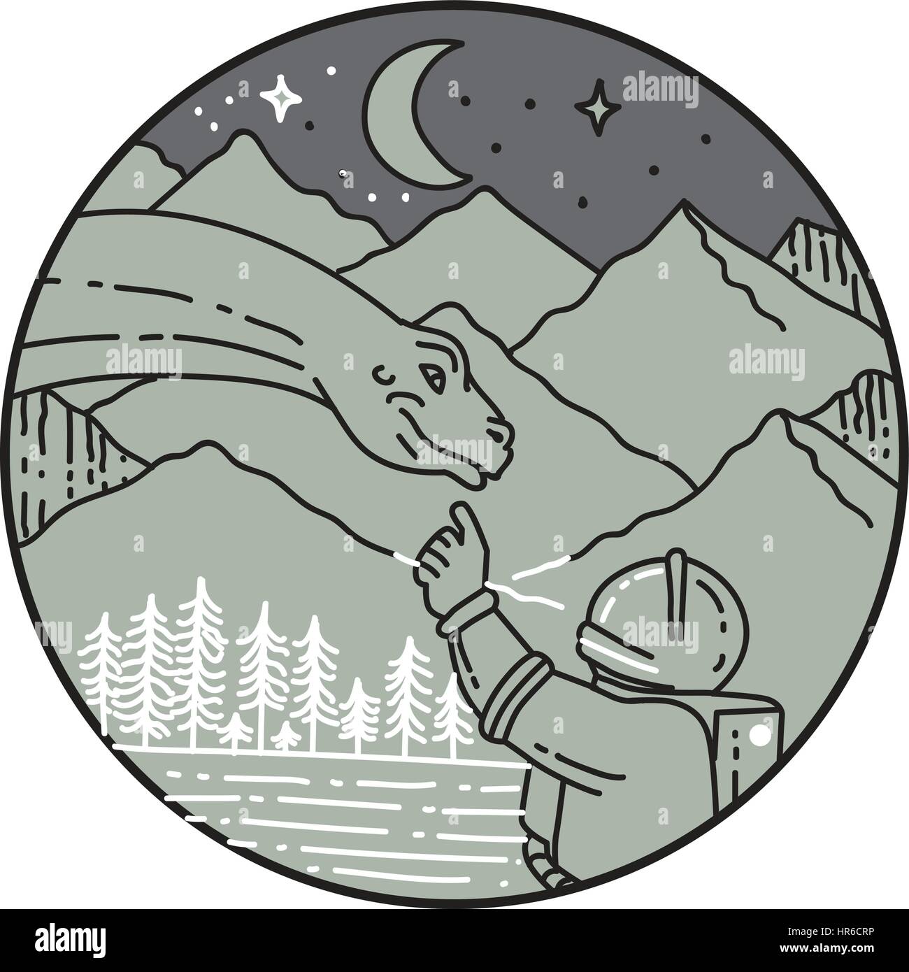 Style ligne mono illustration d'un astronaute de toucher la tête de dinosaure brontosaure mis à l'intérieur du cercle avec vue sur la montagne, la lune, les étoiles et les arbres dans le background Illustration de Vecteur