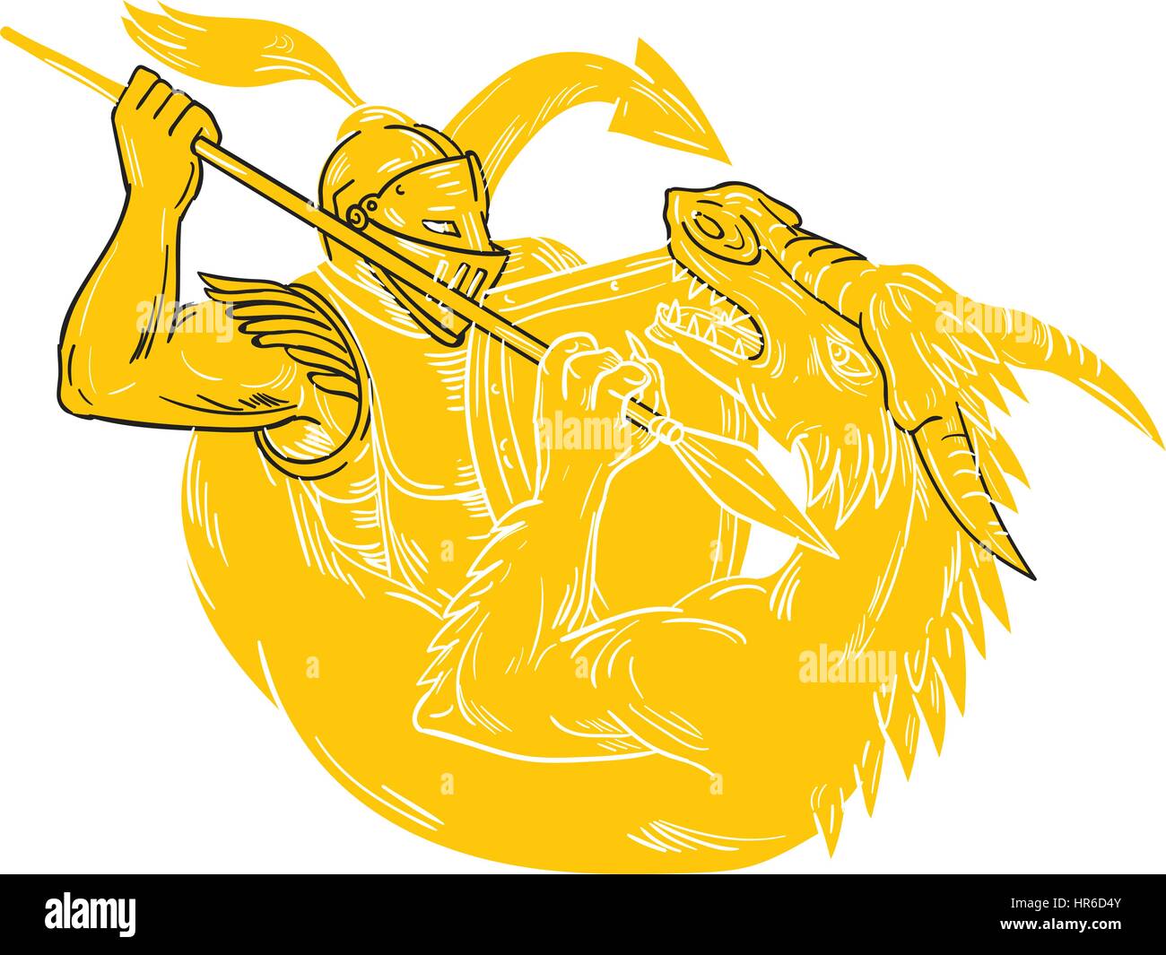 Croquis dessin illustration style de combat d'un chevalier dragon mythique avec une épée isolé sur fond blanc. Illustration de Vecteur