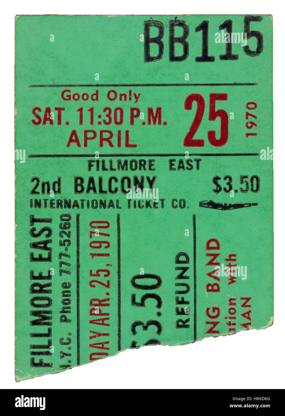 Talon de billet de l'Incredible String band performing At Fillmore East à New York le 25 avril, 1970 Banque D'Images