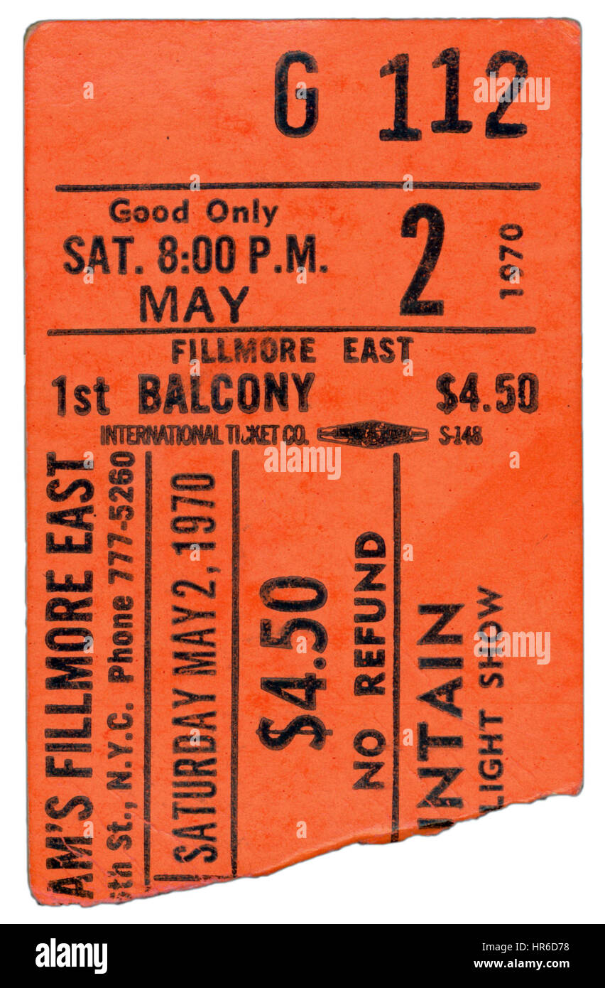 Talon de billet de l'exécution de la montagne au Fillmore East à New York le 2 mai 1970 Banque D'Images