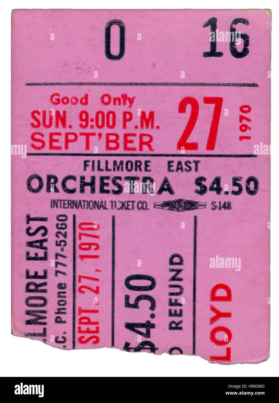 Talon de billet de Pink Floyd à Fillmore East à New York le 27 septembre 1970 Banque D'Images