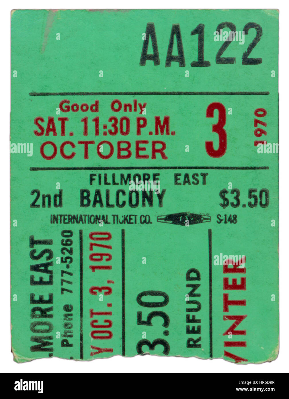 Talon de billet d'Edgar Winter effectuant au Fillmore East à New York le 3 octobre 1970 Banque D'Images
