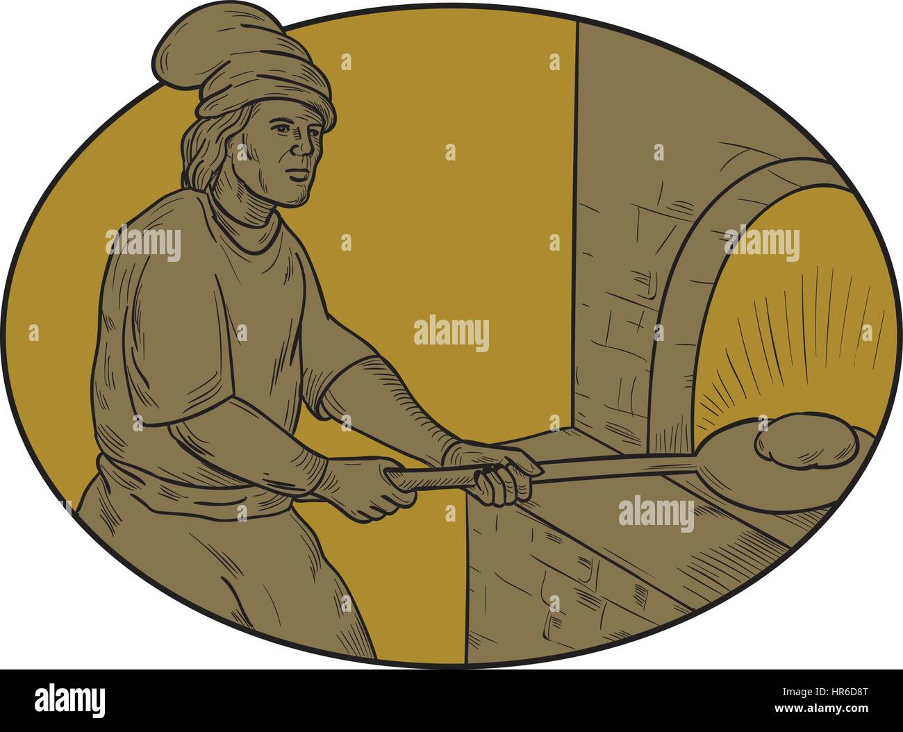 Croquis dessin illustration style de chef cuisinier d'un boulanger à l'époque médiévale avec peel mettre la pâte dans le four à bois situé à l'intérieur de la forme ovale. Illustration de Vecteur