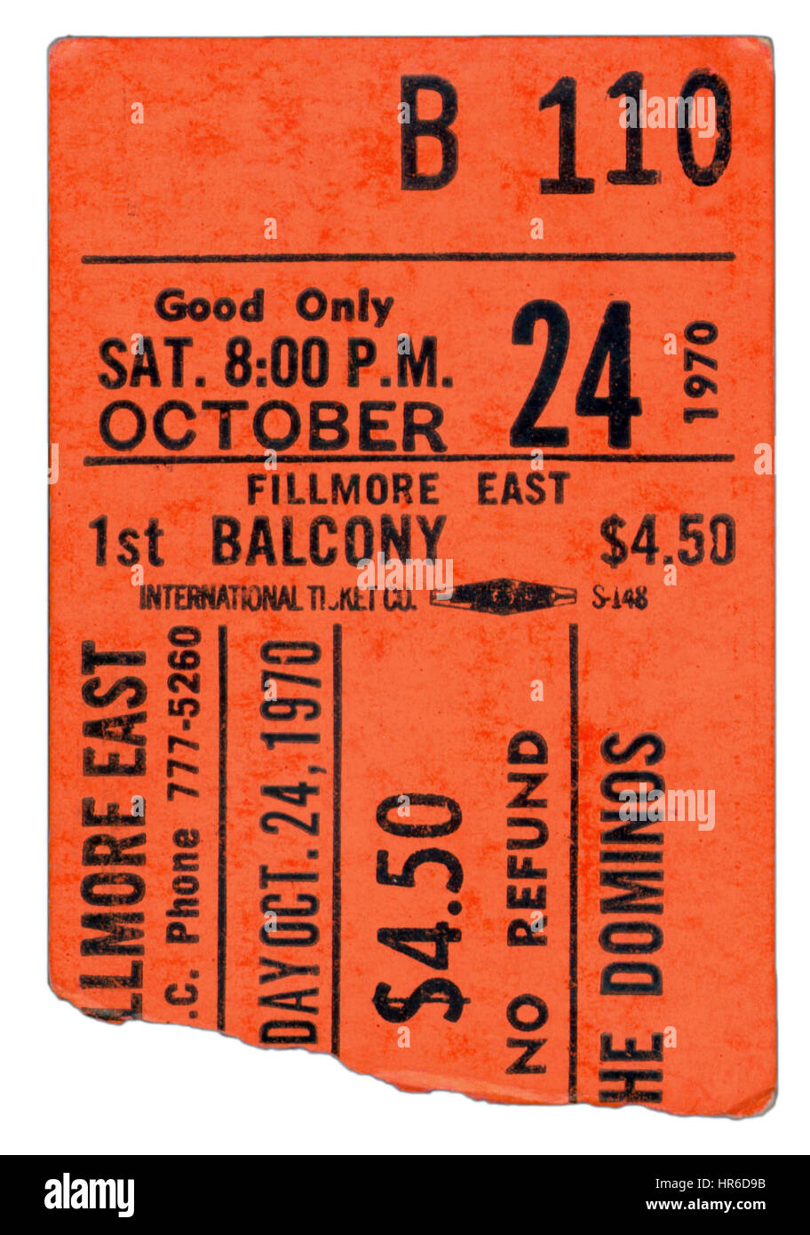 Talon de billet de Derek et les dominos d'effectuer au Fillmore East à New York le 24 octobre 1970 Banque D'Images
