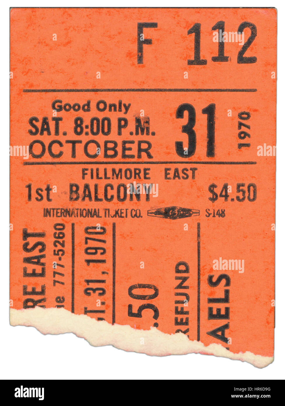 Talon de billet de Lee Michaels effectuant à Fillmore East à New York le 31 octobre, 1970 Banque D'Images