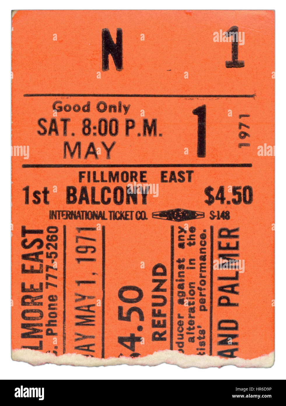 Talon de billet de Emerson Lake Palmer performing At Fillmore East à New York le 1er mai 1971 Banque D'Images