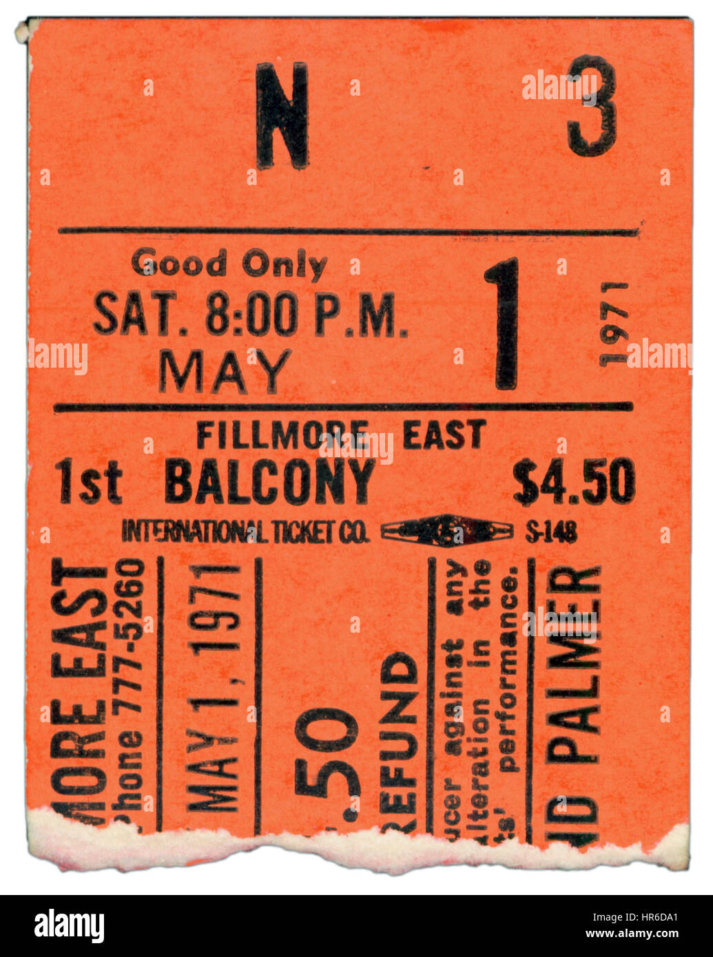 Talon de billet de Emerson Lake Palmer performing At Fillmore East à New York le 1er mai 1971 Banque D'Images