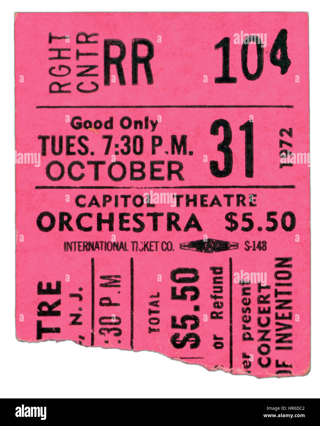 Talon de billet de Frank Zappa et les mères de l'invention à la scène Cinéma Capitol de Madison Square Garden le 31 octobre, 1972 Banque D'Images