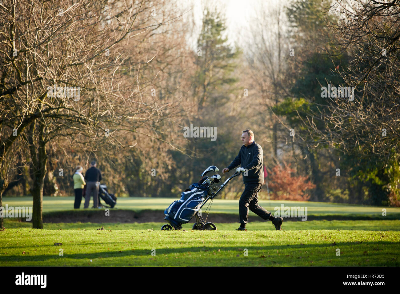 Soleil d'automne zone de la voie Lightfoot Ingol Village Golf Club verts comme les golfeurs tirer leur chariot sur les verts jouant Banque D'Images