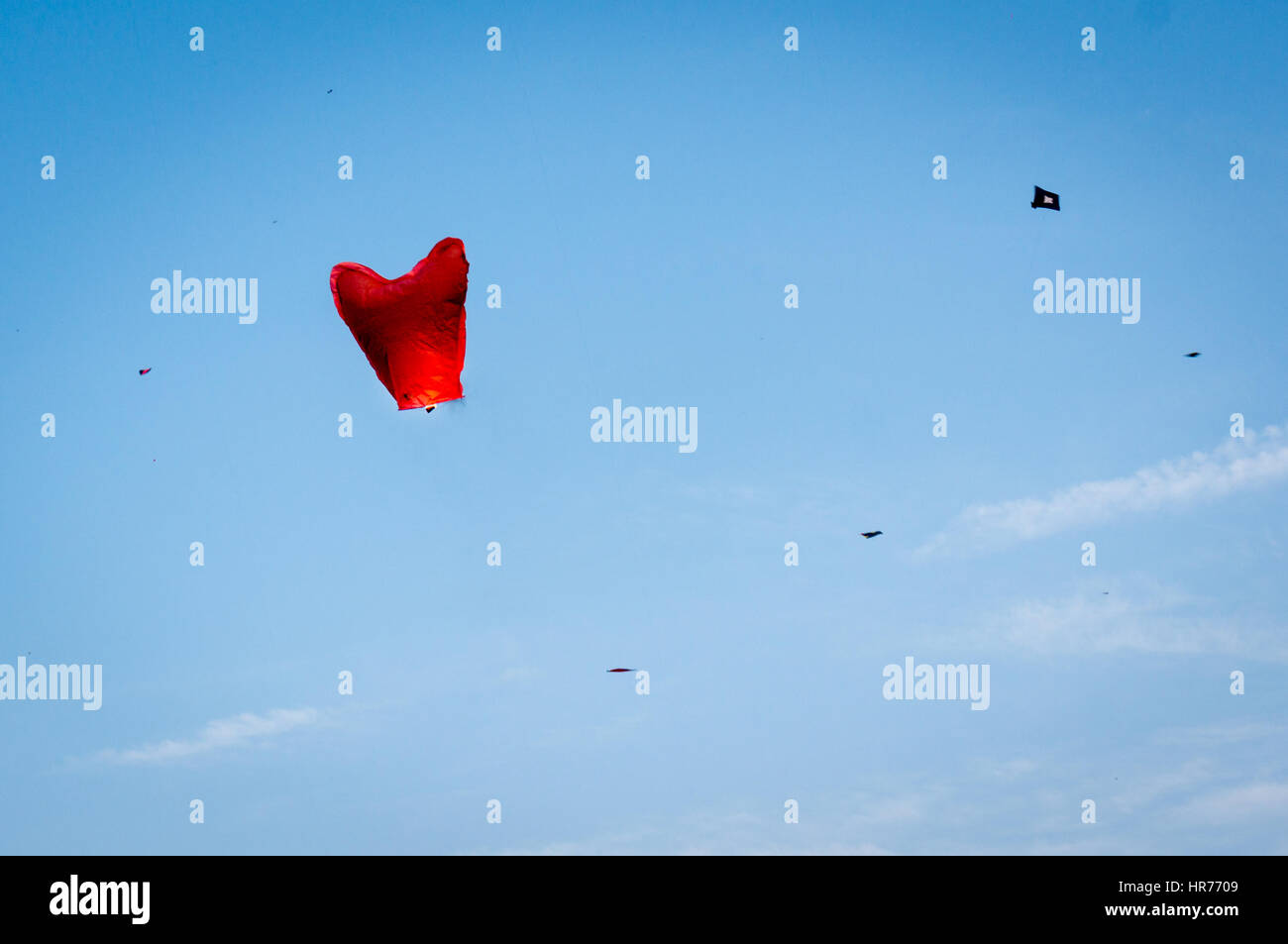 Flotteurs de lanternes chinoises contre un ciel bleu avec des cerfs-volants voler contre elle pendant le festival de Makar Sankranti à Jaipur en Inde Banque D'Images