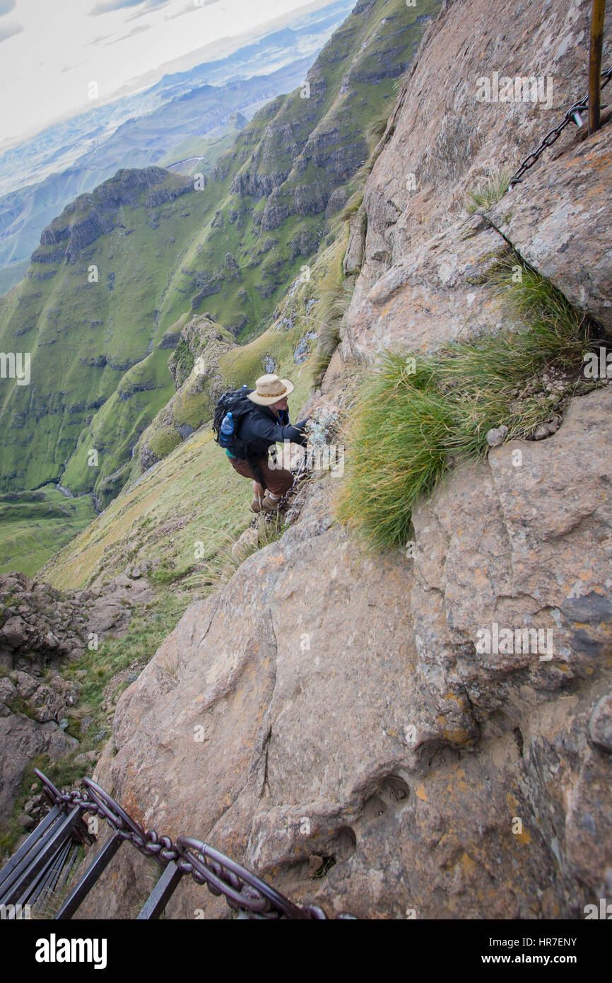 Un randonneur parcourt la chaîne abrupte des échelles pour obtenir de falaise dans le Parc National Royal Natal, Afrique du Sud sur l'Amphithéâtre de la randonnée. Banque D'Images