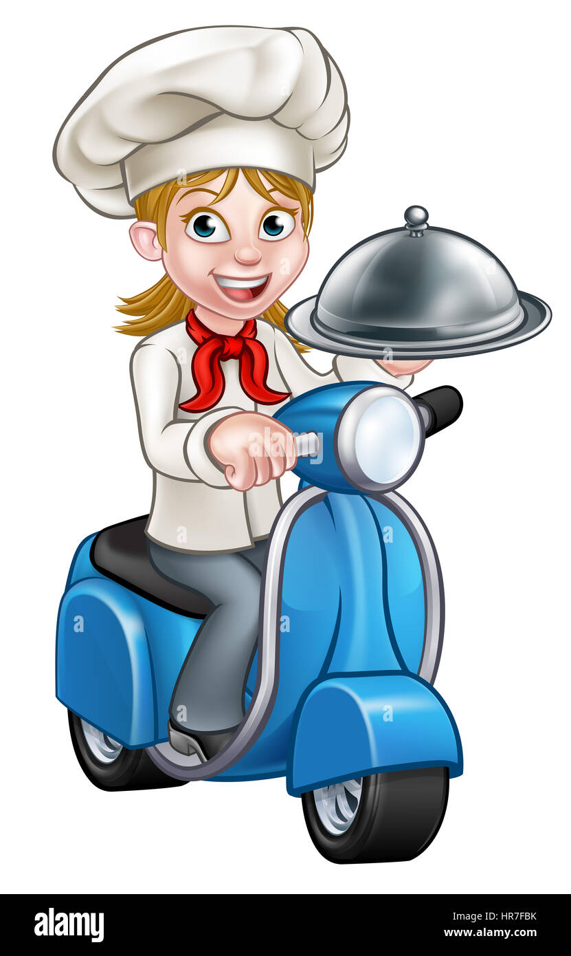 Cartoon female woman chef ou cuisinier équitation caractère un cyclomoteur moto scooter offrant une cloche d'argent repas alimentaire bac plateau plaque Banque D'Images