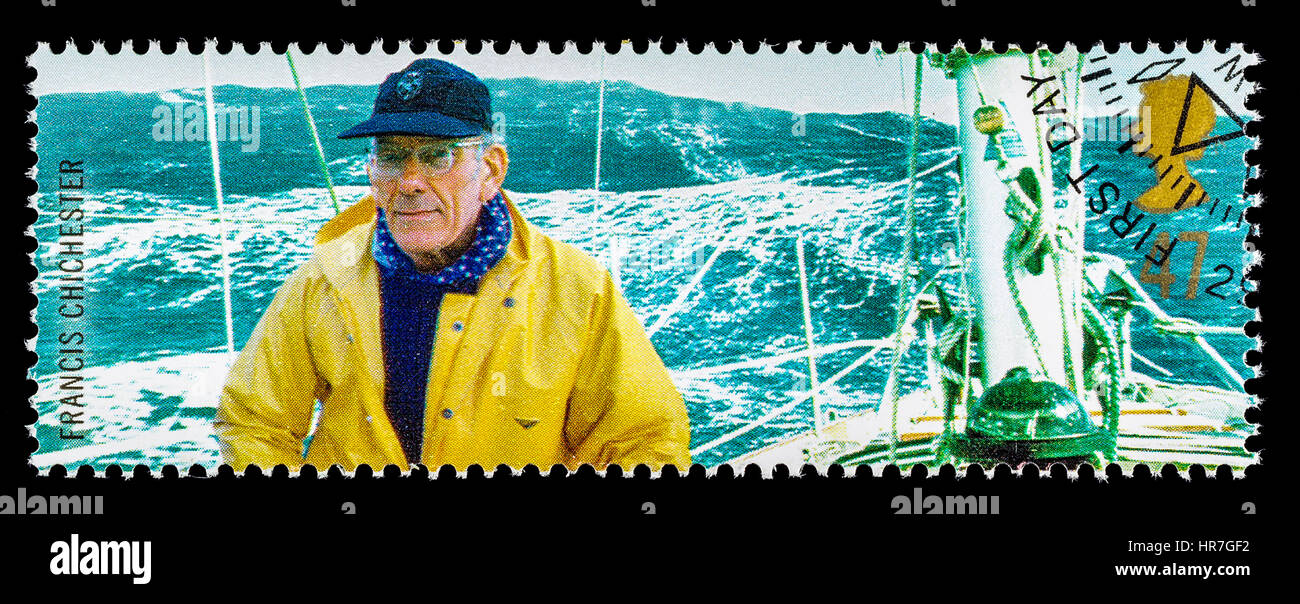 Royaume-uni - circa 2003 : un timbre-poste utilisé imprimé en Grande-Bretagne celebrating explorateurs britanniques montrant Yachtsman Francis Chichester et spongieuse Banque D'Images