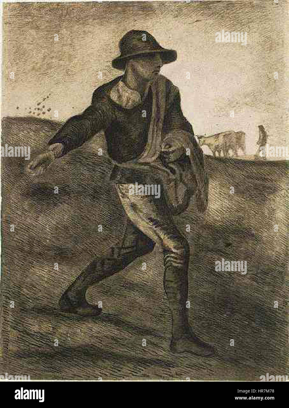 Le Semeur, un dessin de Vincent van Gogh, artiste post-impressionniste néerlandais, d'après une œuvre de Jean-François Millet, créé en avril 1881 à Etten. Banque D'Images