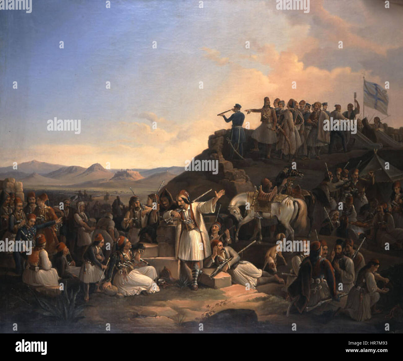 'Stratopedo Karaiskaiki' de Vryzakis est une peinture grecque significative représentant une scène d'activité militaire. La peinture capture la nature héroïque des guerriers grecs pendant la guerre d'indépendance, mettant en valeur l'intensité et l'esprit de la période. Banque D'Images