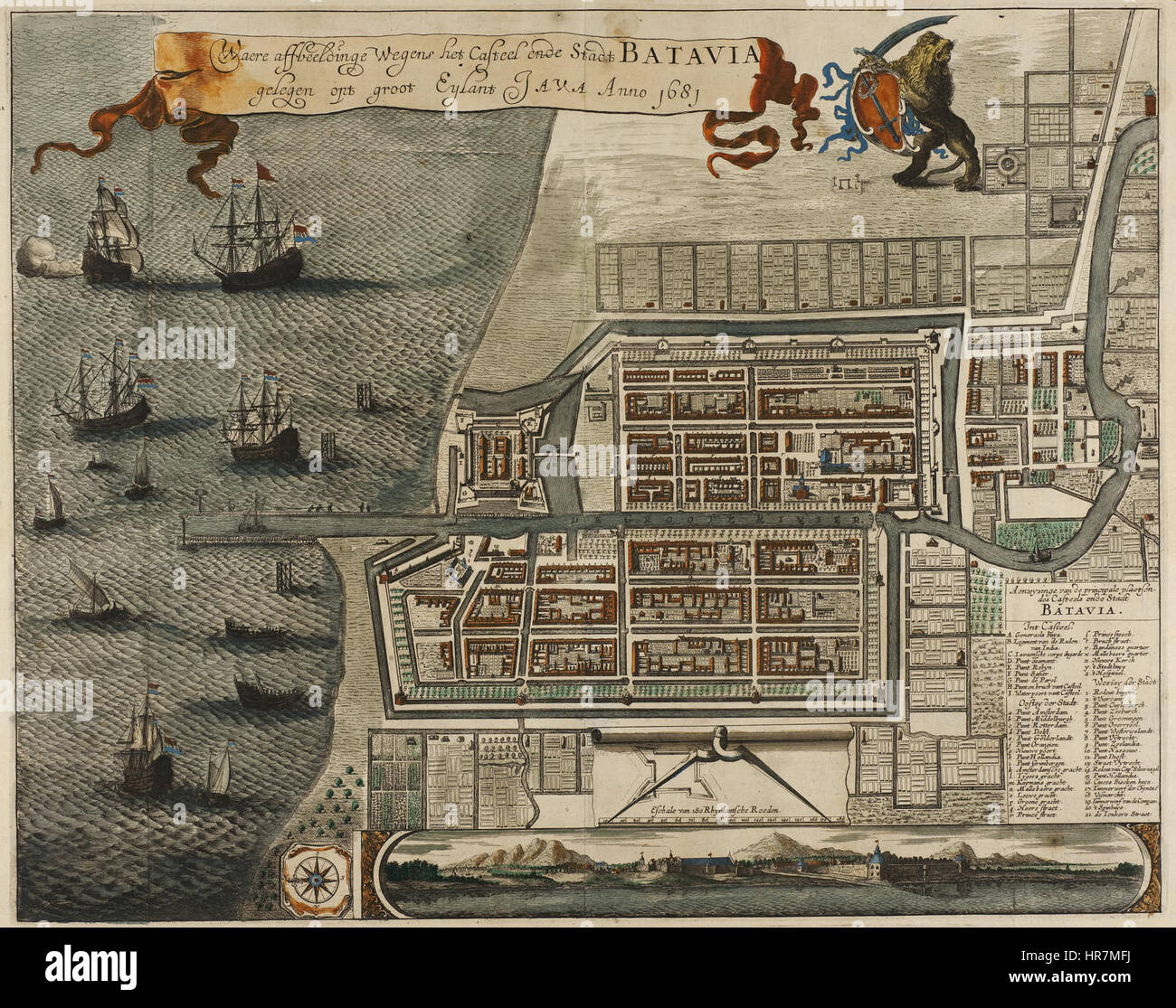 Affbeeldinge Casteel Waere Wegens het ende Stadt BATAVIA is gelegen in opt groot Eylant Anno 1681 JAVA Banque D'Images