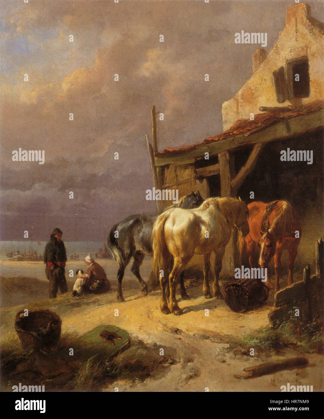 'Rustende trekpaarden bij het Strand' de Wouterus Verschuur montre un groupe de chevaux de trait reposant sur la plage. La peinture capture le calme de la scène, mettant en valeur les formes musculaires des chevaux et l’environnement paisible. Le souci du détail de Verschuur reflète le réalisme de la vie rurale et la relation entre les humains et les animaux. Banque D'Images