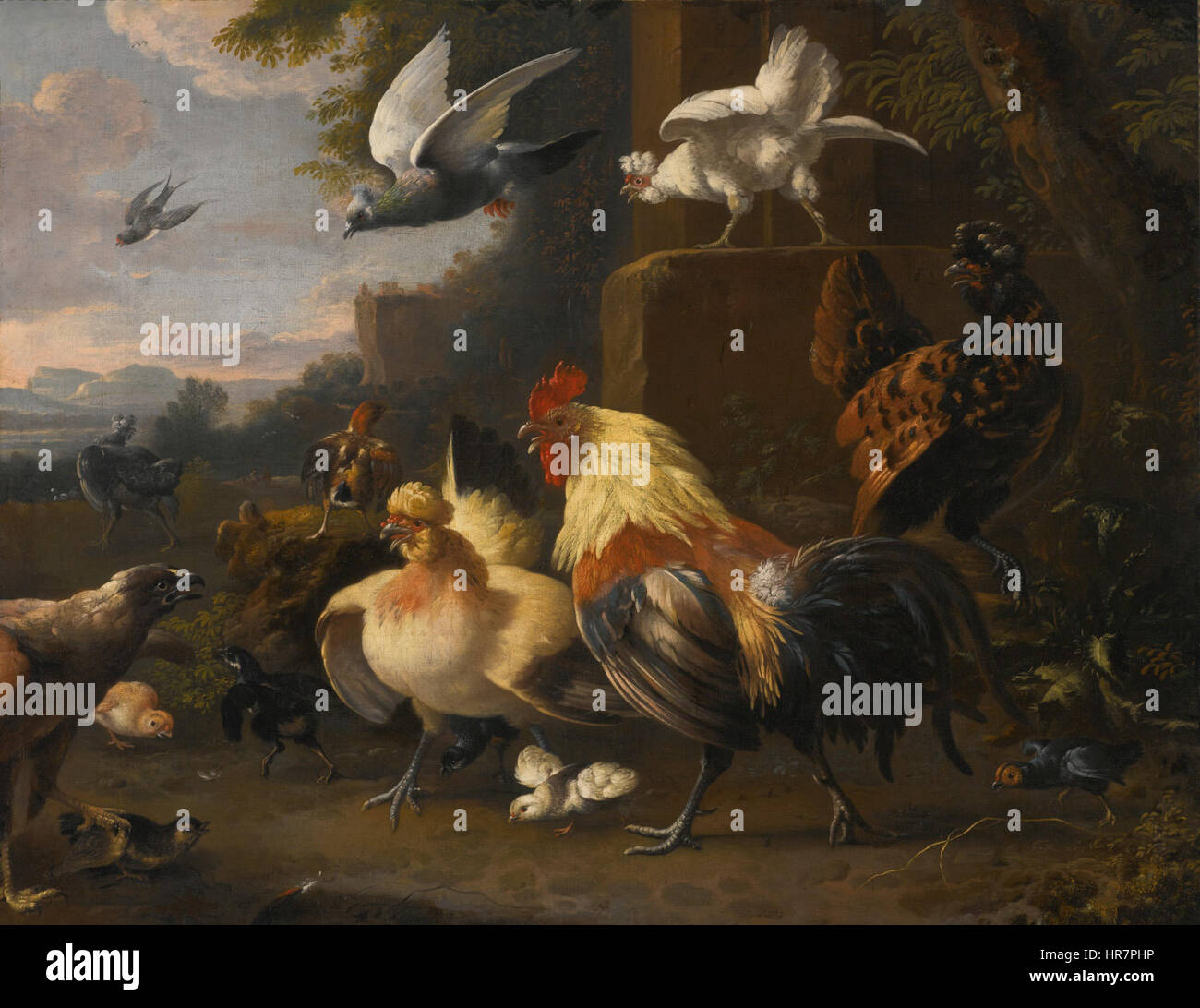 Melchior de Hondecoeter Studio d'un aigle, un Cockerell, poules, un pigeon en vol et d'autres oiseaux Banque D'Images