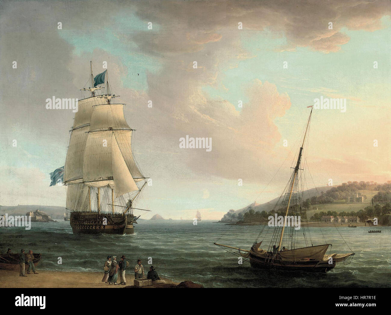 « A Crowded Flagship of an Admiral of the Blue Passing Mount Edgcumbe » de Thomas Whitcombe est une peinture maritime représentant un navire de marine rempli de marins, passant par le pittoresque Mont Edgcumbe. L’œuvre met en lumière l’intensité des opérations navales et la grandeur de la marine britannique du XVIIIe siècle. Banque D'Images