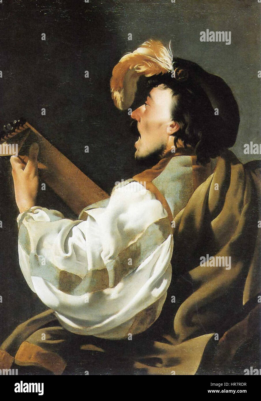 Chanteur au Luth de Gerrit van Honthorst, connu pour son utilisation du chiaroscuro, représente un musicien jouant du luth dans une lumière dramatique, mettant en valeur la fascination baroque pour la lumière et l'ombre. Banque D'Images