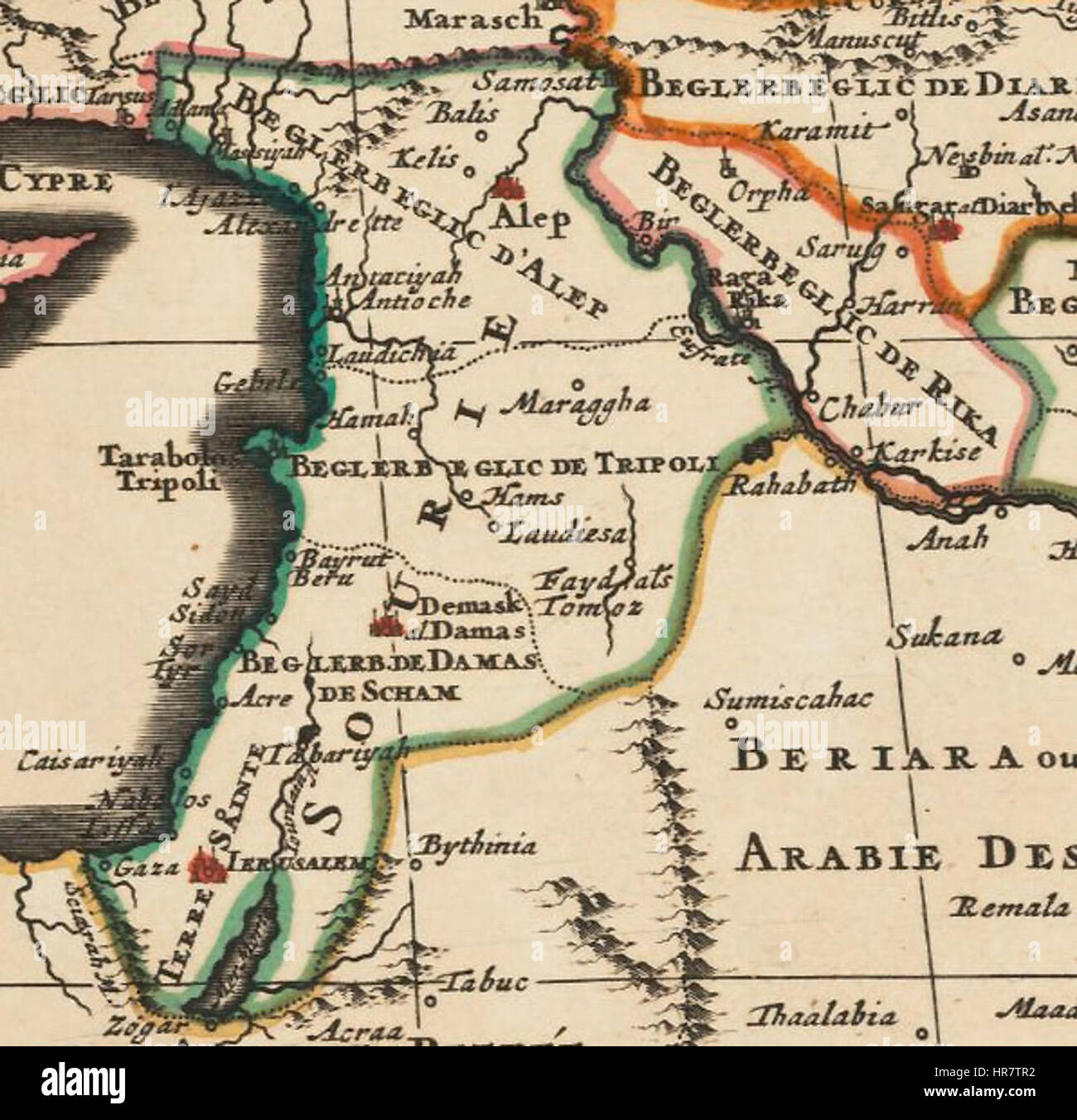 Cette carte détaillée de la Syrie, qui fait partie de la plus grande carte de l'« Empire ottoman » de Jaillot, illustre la configuration géographique de la région au XVIIe siècle. La carte reflète les divisions politiques et territoriales de l'Empire ottoman, donnant un aperçu de la vaste portée de l'Empire à l'époque. Banque D'Images