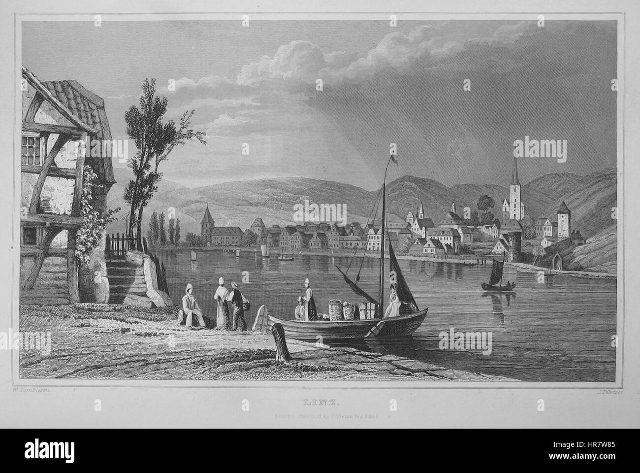 Cette lithographie de Tombleson représente la ville de Linz en Autriche, mettant en valeur sa beauté pittoresque et ses monuments architecturaux du XIXe siècle. Banque D'Images