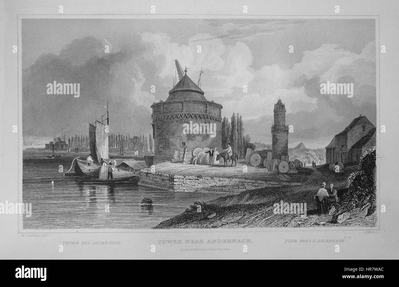 Cette peinture de paysage de Tombleson représente la ville historique d'Andernach, mettant en valeur son emplacement au bord de la rivière et ses caractéristiques architecturales avec une attention particulière aux détails naturels et à la perspective. Banque D'Images