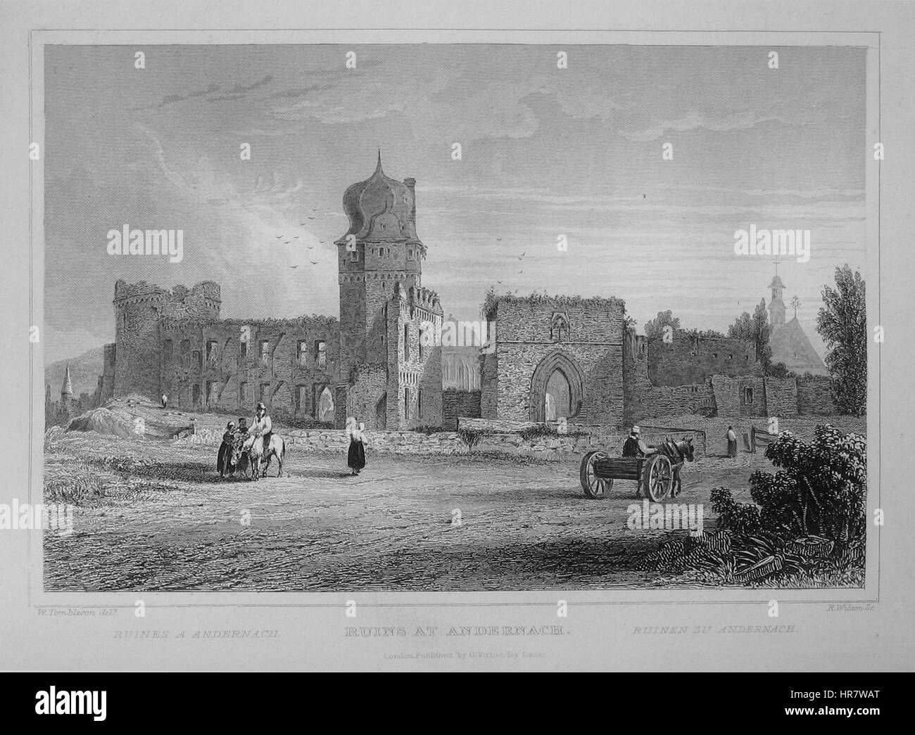 Cette œuvre de Tombleson représente Andernach, une ville d'Allemagne, présentant son architecture et son paysage distinctifs le long du Rhin. La peinture se concentre sur les vues panoramiques et les structures historiques. Banque D'Images