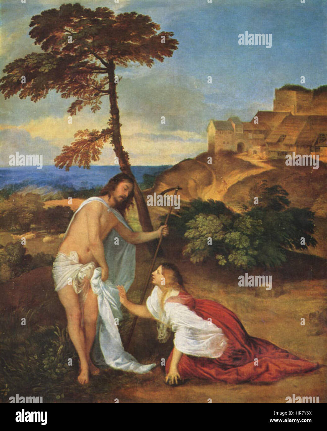 Christus und Maria Magdalena Noli me tangere de Titien dépeint la scène biblique de la résurrection du Christ où il dit à Marie-Madeleine de ne pas le toucher. La peinture met en évidence le moment tendre entre les deux figures, la maîtrise de la couleur et de la lumière du Titien soulignant la nature divine de la scène. Banque D'Images
