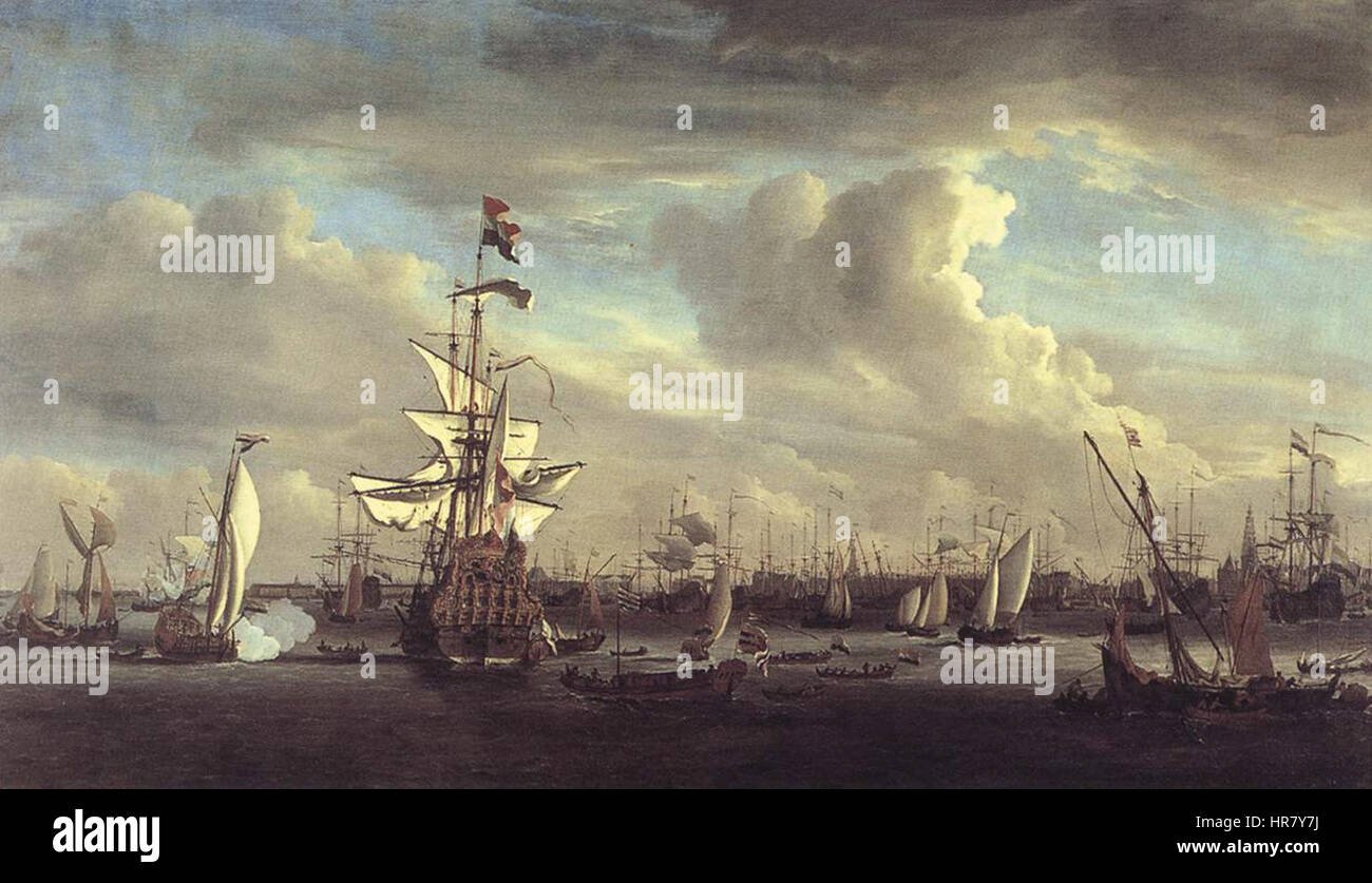 Gouden Leeuw de Willem van de Velde est une peinture créée en 1686, représentant un navire de guerre hollandais de la fin du XVIIe siècle. L'œuvre illustre la grandeur et la puissance des navires de la marine néerlandaise pendant la période de domination maritime. Banque D'Images