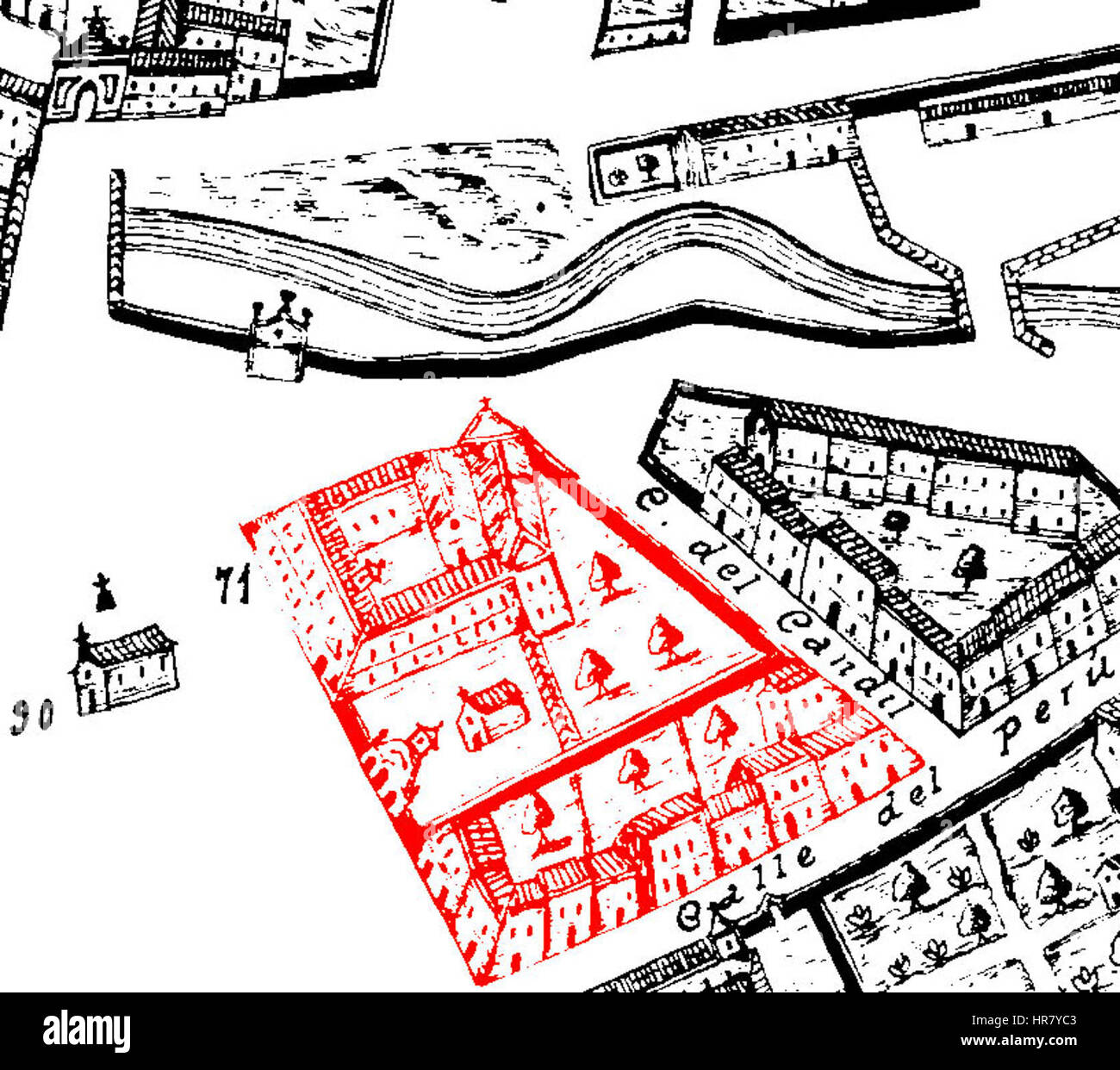 Le plan représente l'aménagement de l'Hôpital de la Resurrección à Valladolid, en Espagne. Conçu par Ventura Seco, il met en valeur l’architecture d’un établissement médical historique en Espagne au XVIIe siècle. Banque D'Images