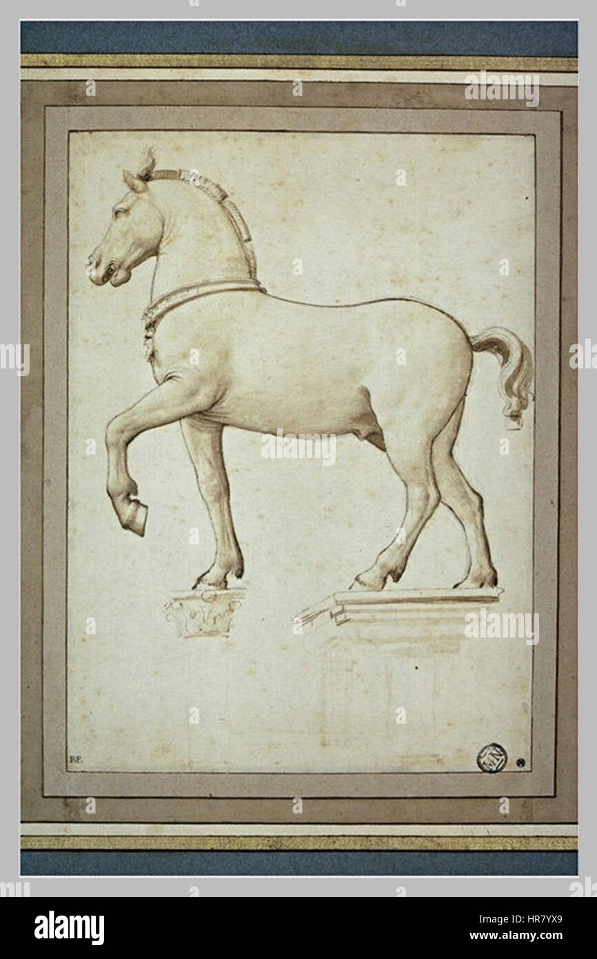 Ce dessin se concentre sur la représentation détaillée d'un cheval, capturant sa structure anatomique et son mouvement. L’utilisation habile de la ligne et de l’ombrage par l’artiste démontre une compréhension de l’anatomie animale et de la dynamique du mouvement. Banque D'Images