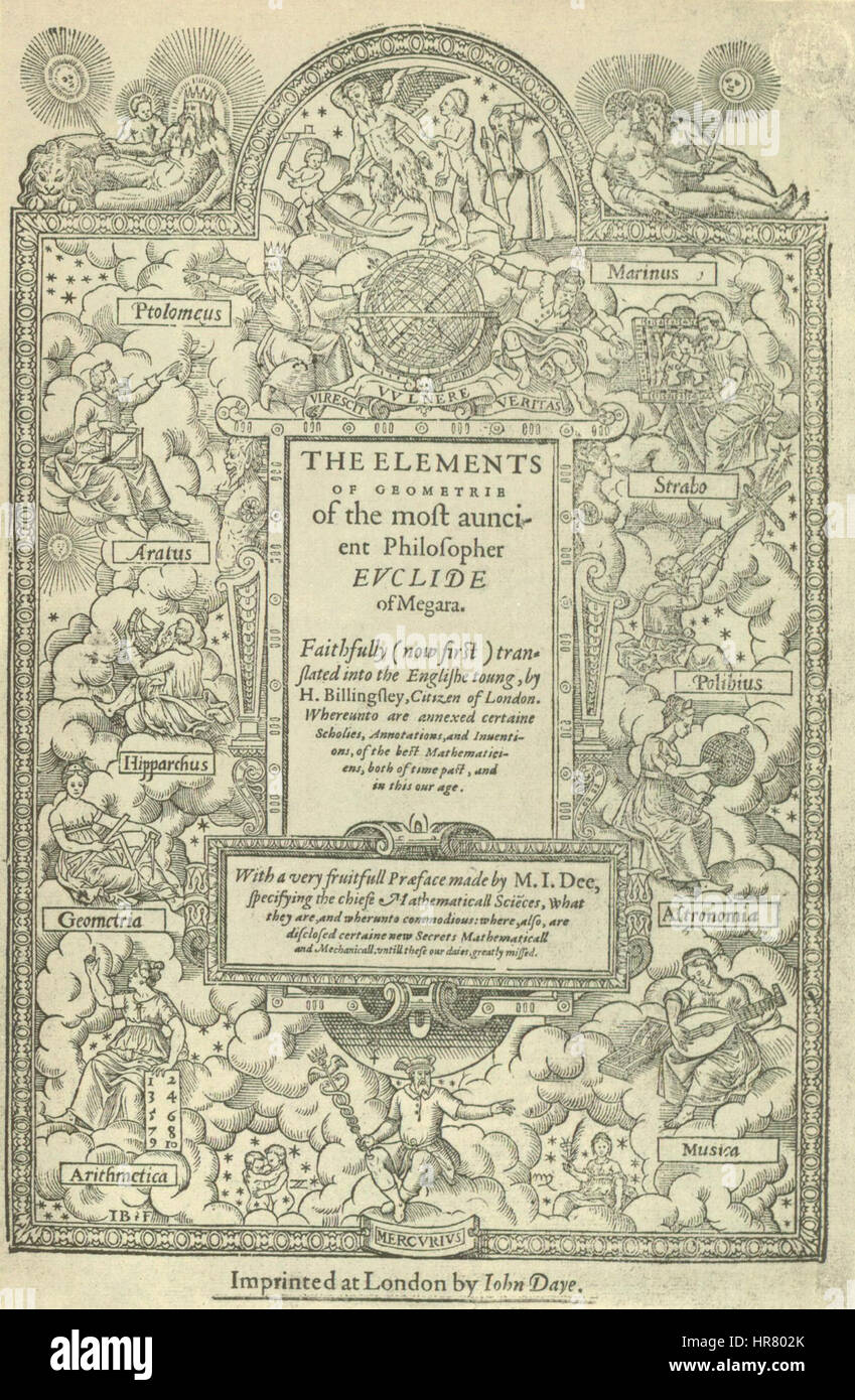 Page de titre de Sir Henry Billingsley's première version anglaise de l'Euclide, 1570 (560x900) Banque D'Images