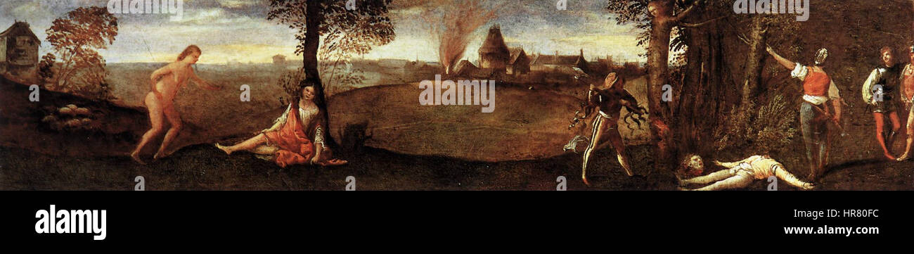 La légende de Polydorus de Titien représente un moment de la mythologie grecque où Polydorus est tué. Le tableau a été créé entre 1505 et 1510, montrant la maîtrise du Titien dans la capture de scènes mythologiques dramatiques. Banque D'Images