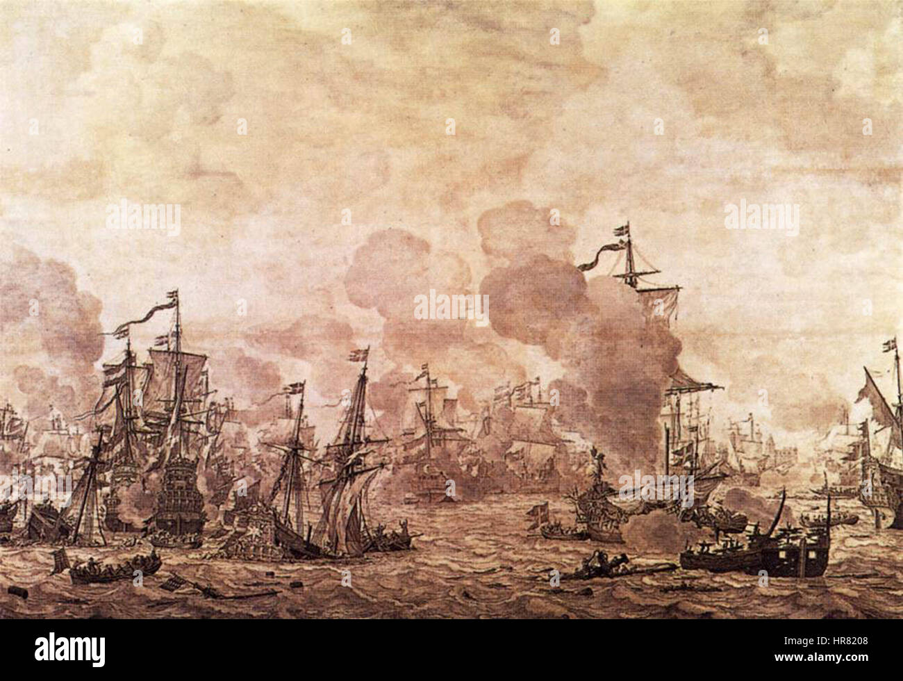 'La bataille du détroit' de Willem van de Velde (I) représente une bataille navale entre le Danemark et la Suède en 1658. La peinture montre l'intensité du conflit, avec des navires engagés dans le combat au milieu d'une mer turbulente. Banque D'Images