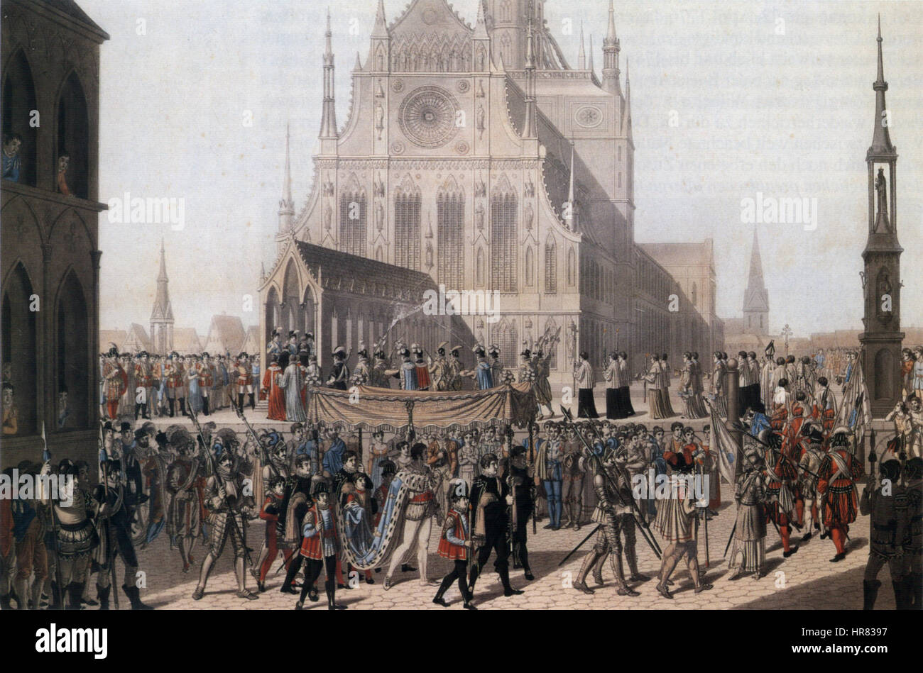 Cette scène de 'la servante d'Orléans' (Jungfrau von Orleans) a été conçue en 1806 dans le cadre d'une scène pour une représentation. Le design illustre le style néoclassique et l'élégance théâtrale. Banque D'Images